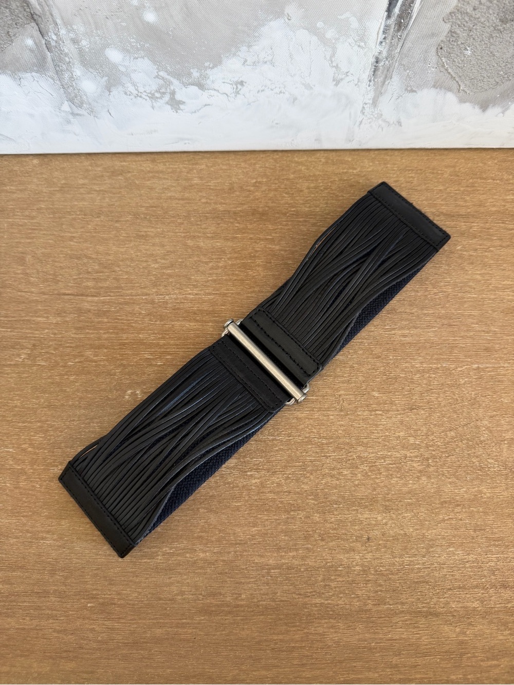 Black Men’s Elastic Fringe Belt with Silver Buckle